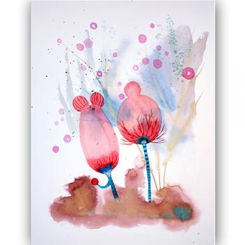 watercolor original Marta Konieczny for woman for girl for friend for anniversary gift beauty, best, Hahnemuhle paper
 blue 40x30 cm,delicate, flowers, red, botany forms, flowers